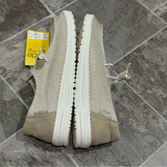 Hey Dude Women 8 Wendy Sparkling Beige Slip On Loafers Stretch Metallic - Picture 7 of 9